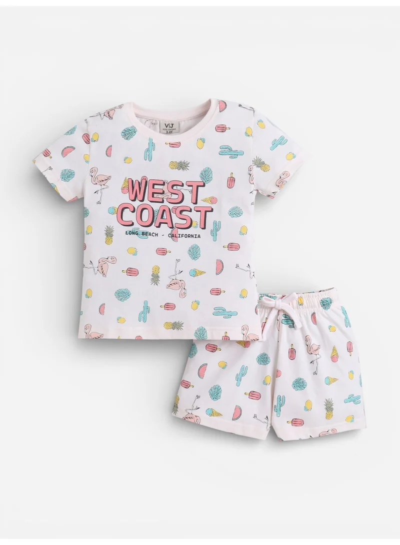 Victor And Jane  Girls West Coast Print Cotton Pajama Set – T-Shirt & Shorts Nightwear for Women | Best Price UAE